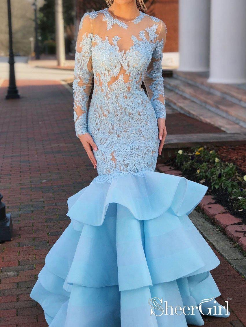 Mermaid Lace Prom Dresses Blue Long ...